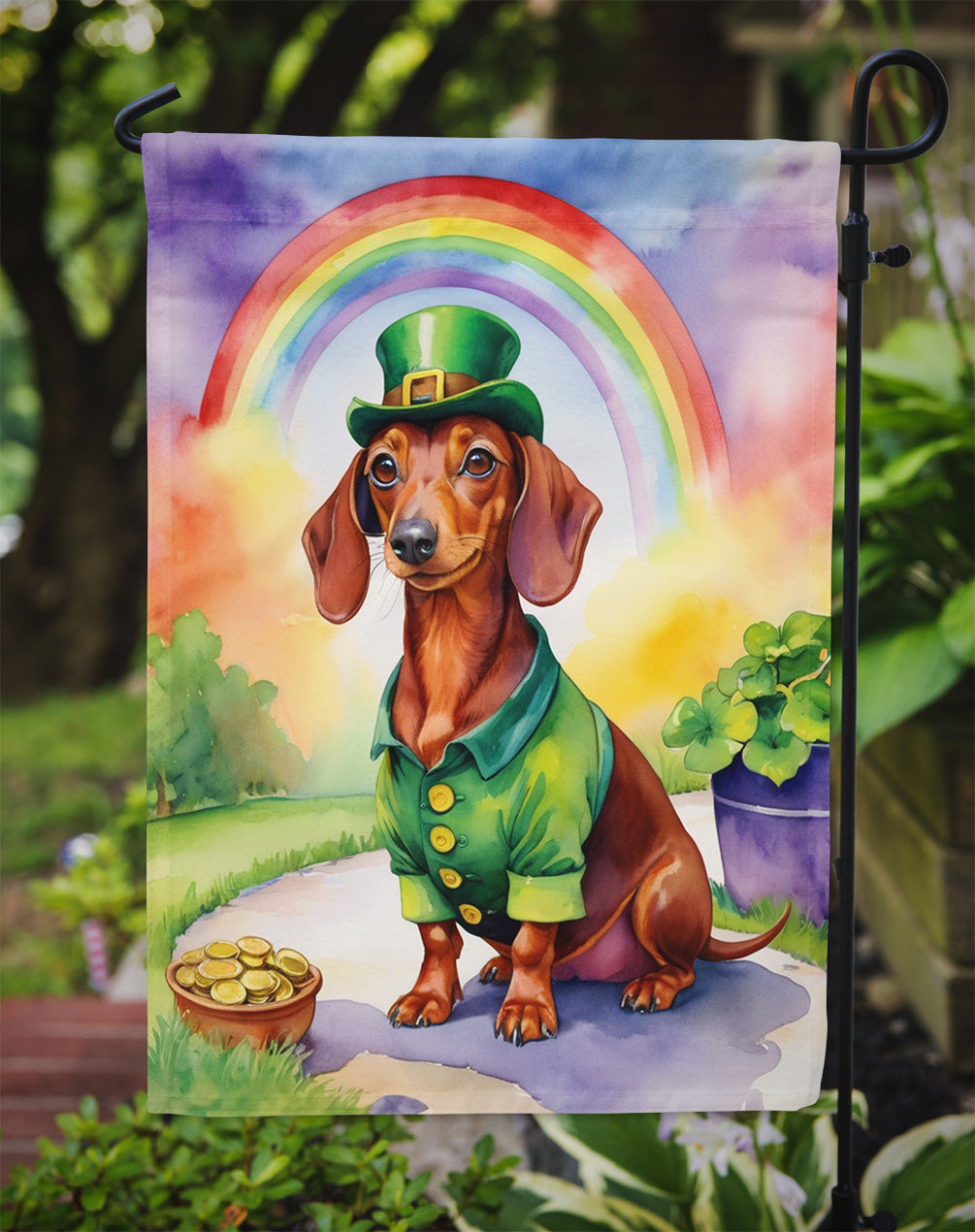 Dachshund St. Patrick’s Day Garden Flag – Dog with Pot of Gold & Rainbow Yard Decor