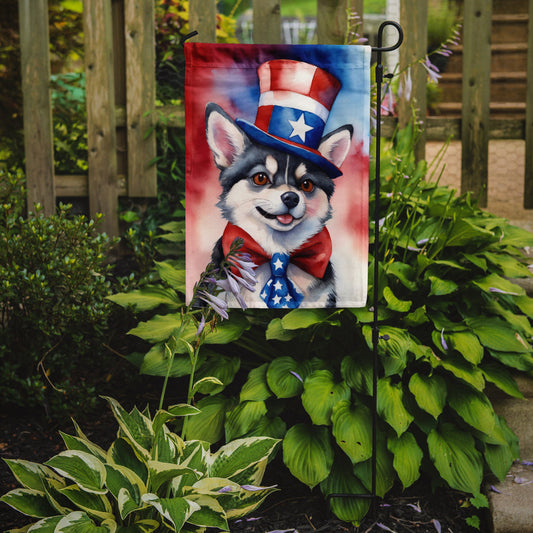 Alaskan Klee Kai Patriotic American Garden Flag – Dog in Uncle Sam Hat | Red, White & Blue Outdoor Decor