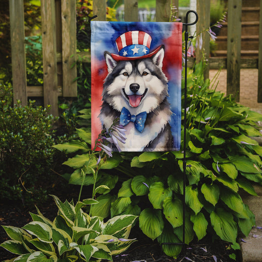 Alaskan Malamute Patriotic American Garden Flag – Dog in Uncle Sam Hat | Red, White & Blue Outdoor Decor