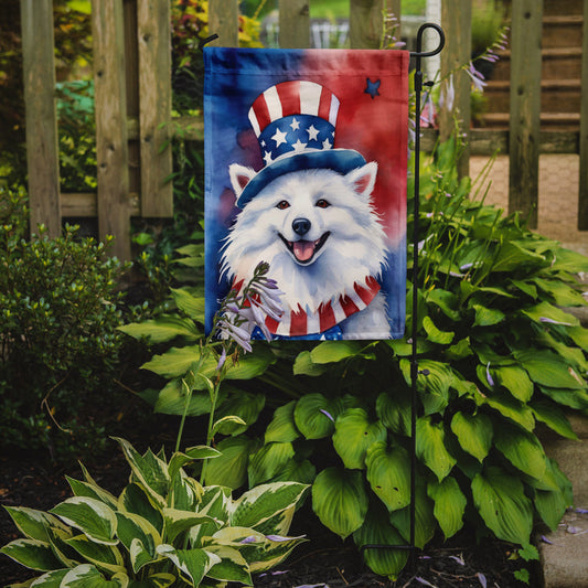 American Eskimo Patriotic American Garden Flag – Dog in Uncle Sam Hat | Red, White & Blue Outdoor Decor