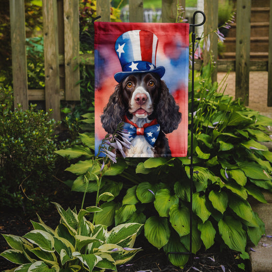 American Water Spaniel Patriotic American Garden Flag – Dog in Uncle Sam Hat | Red, White & Blue Outdoor Decor
