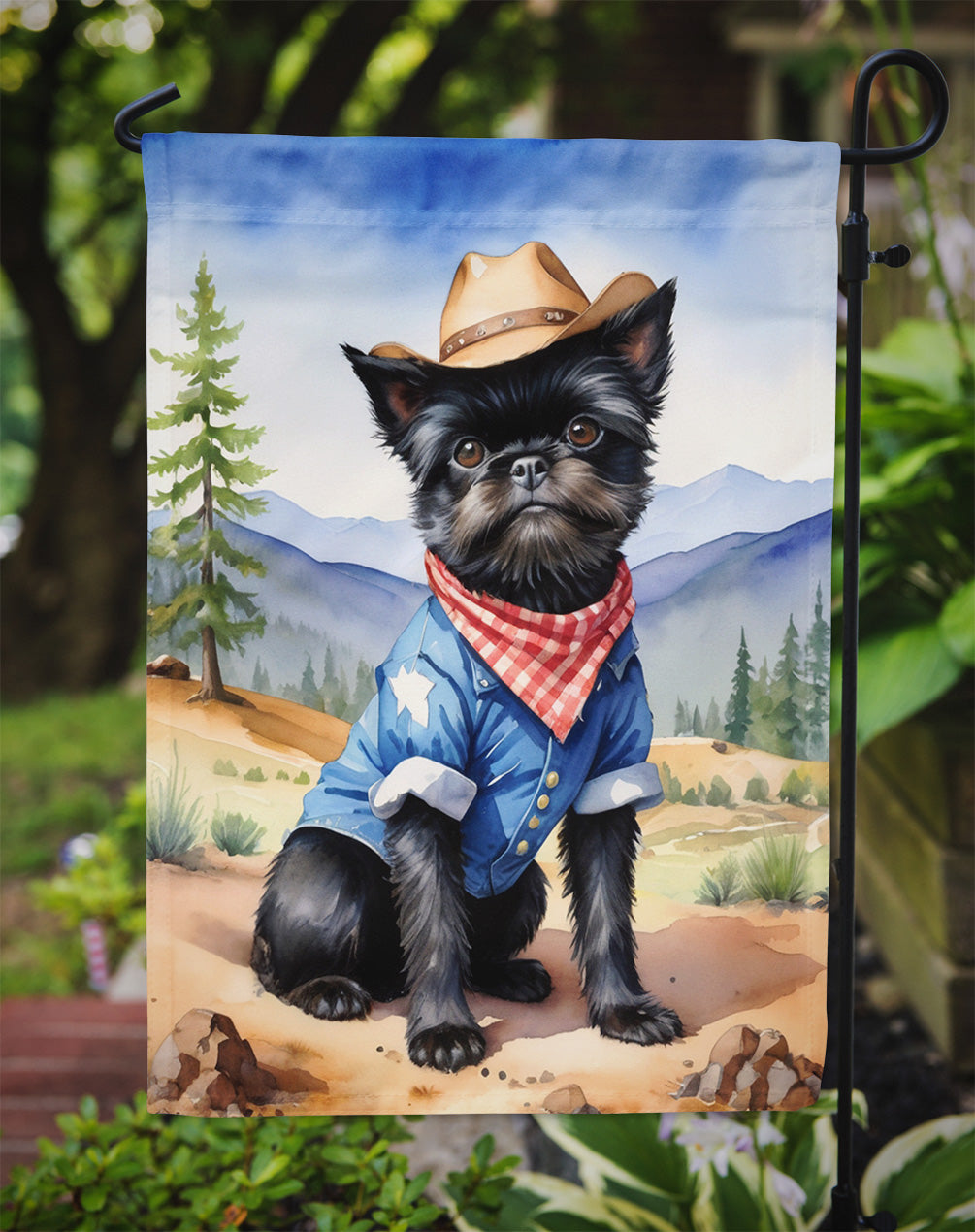 Affenpinscher Cowboy Welcome Garden Flag – Western Dog Yard Decor with Mountain Landscape