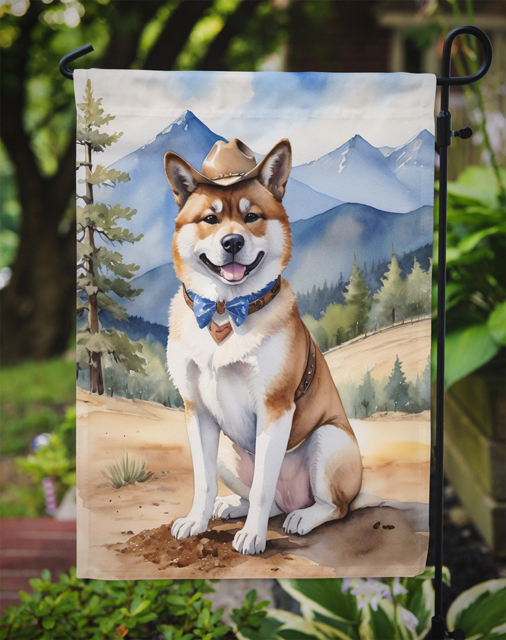 Akita Cowboy Welcome Garden Flag – Western Dog Yard Decor with Mountain Landscape