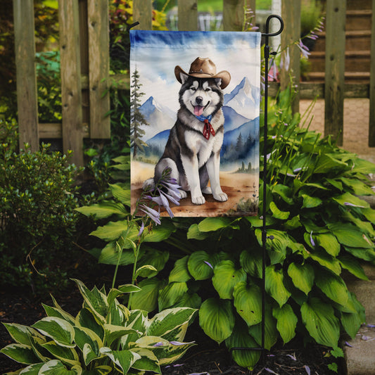 Alaskan Malamute Cowboy Welcome Garden Flag – Western Dog Yard Decor with Mountain Landscape