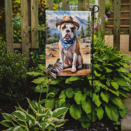 American Bulldog Cowboy Welcome Garden Flag – Western Dog Yard Decor with Mountain Landscape