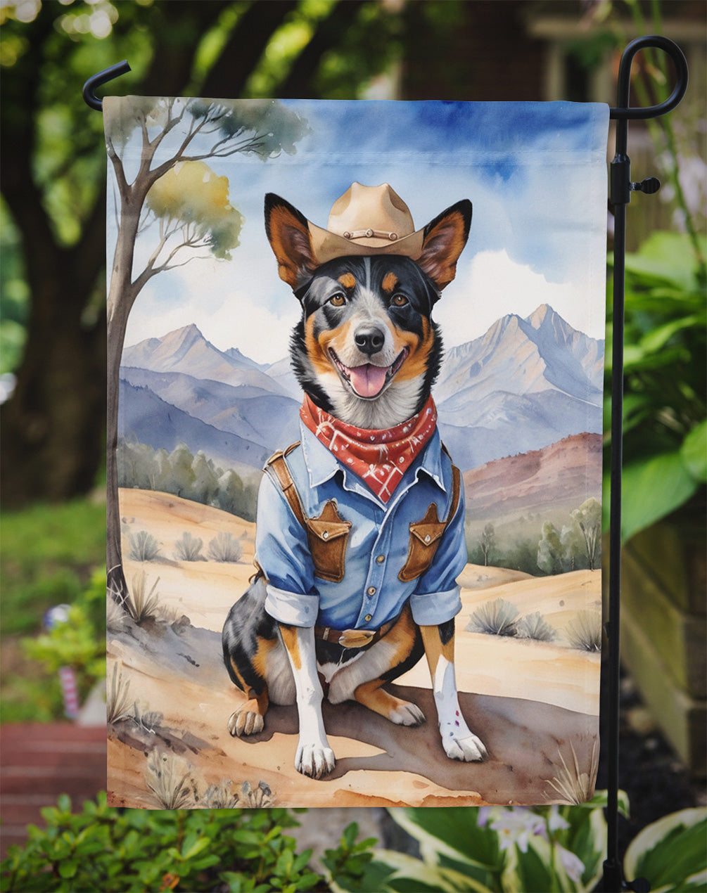 Australian Cattle Dog Cowboy Welcome Garden Flag – Western Dog Yard Decor with Mountain Landscape