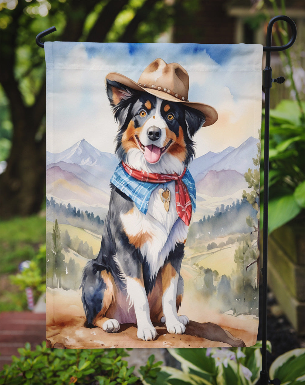 Australian Shepherd Cowboy Welcome Garden Flag – Western Dog Yard Decor with Mountain Landscape