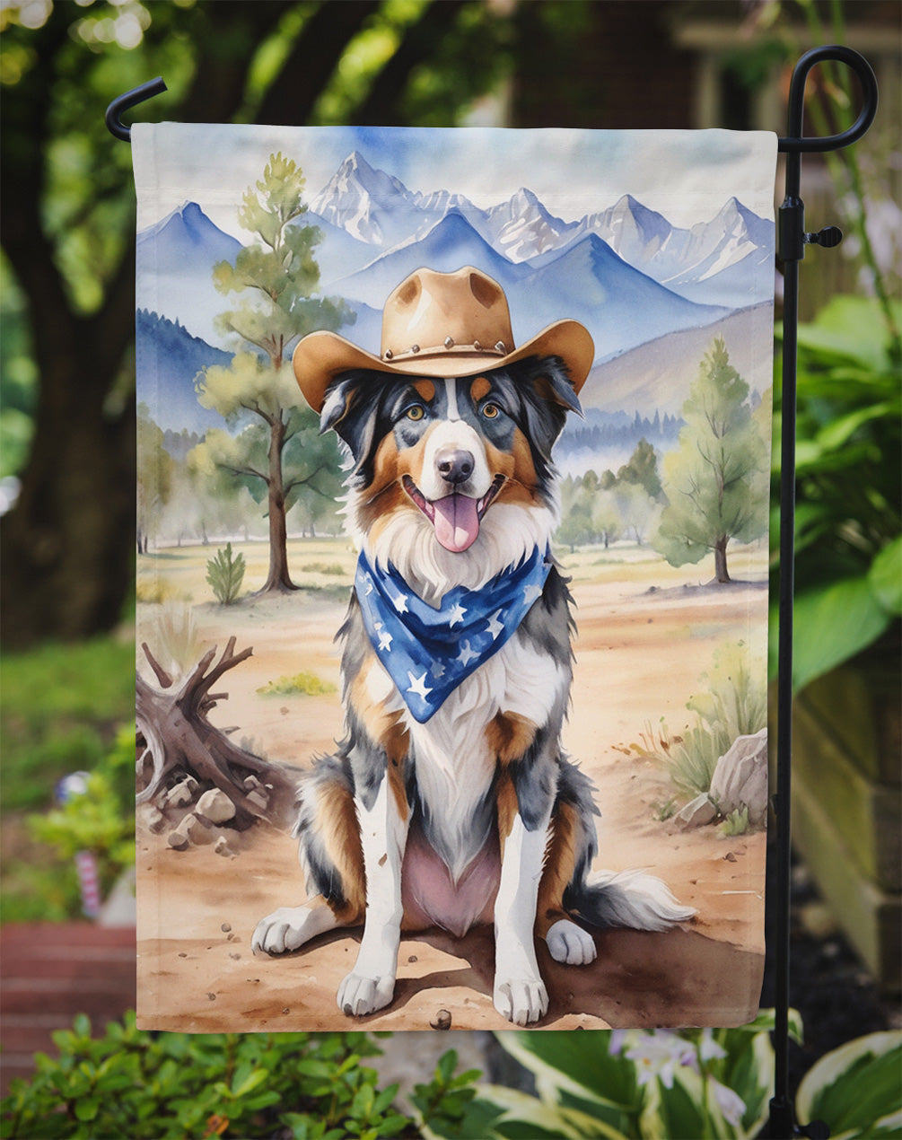 Australian Shepherd Cowboy Welcome Garden Flag – Western Dog Yard Decor with Mountain Landscape