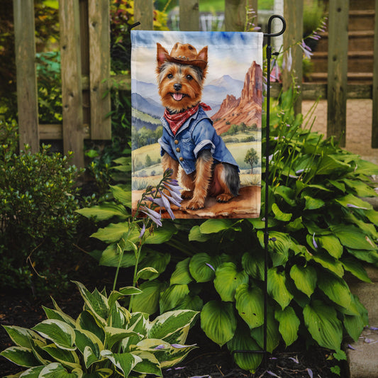 Australian Terrier Cowboy Welcome Garden Flag – Western Dog Yard Decor with Mountain Landscape