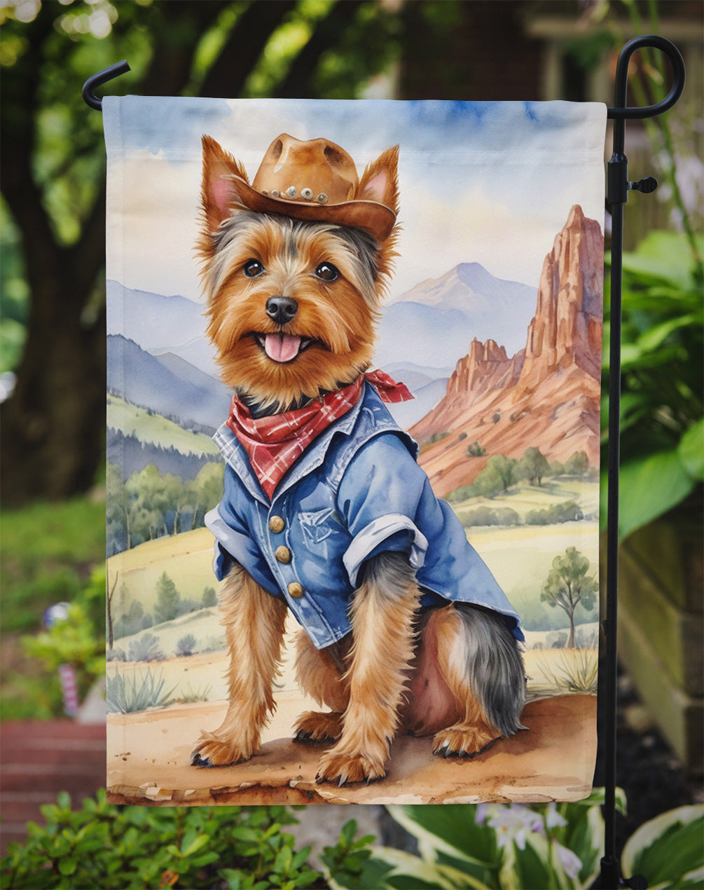 Australian Terrier Cowboy Welcome Garden Flag – Western Dog Yard Decor with Mountain Landscape