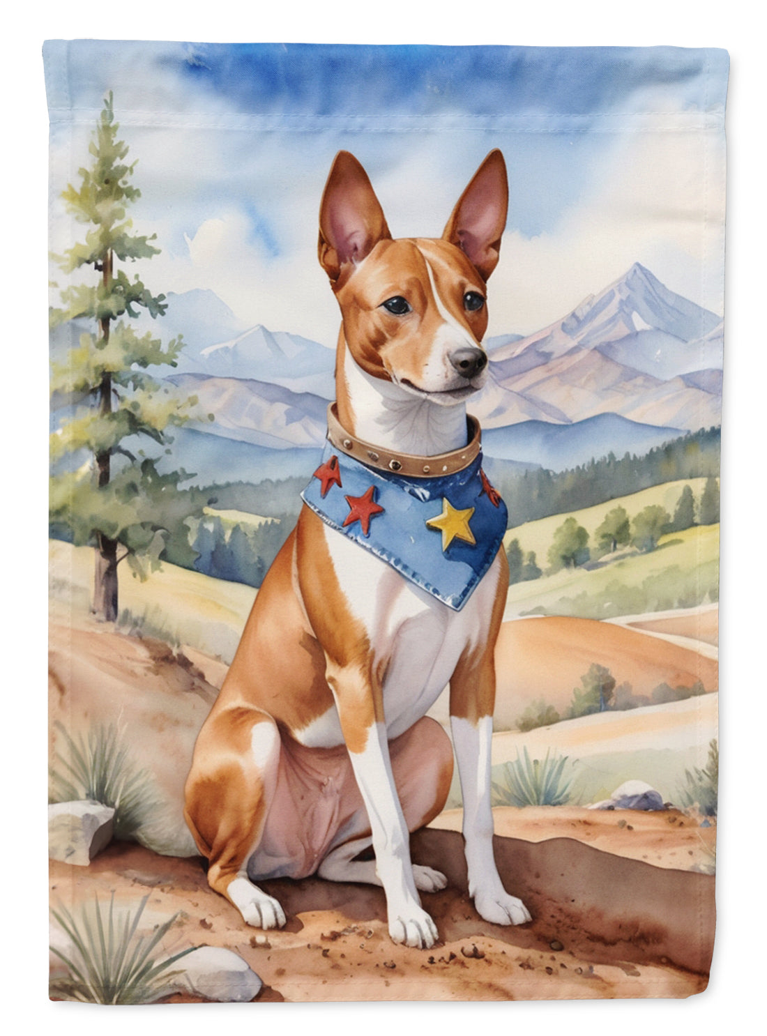 Basenji Cowboy Welcome Garden Flag – Western Dog Yard Decor with Mountain Landscape