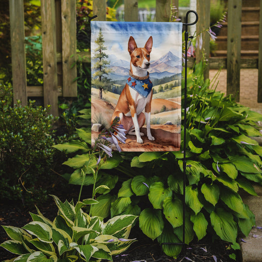 Basenji Cowboy Welcome Garden Flag – Western Dog Yard Decor with Mountain Landscape