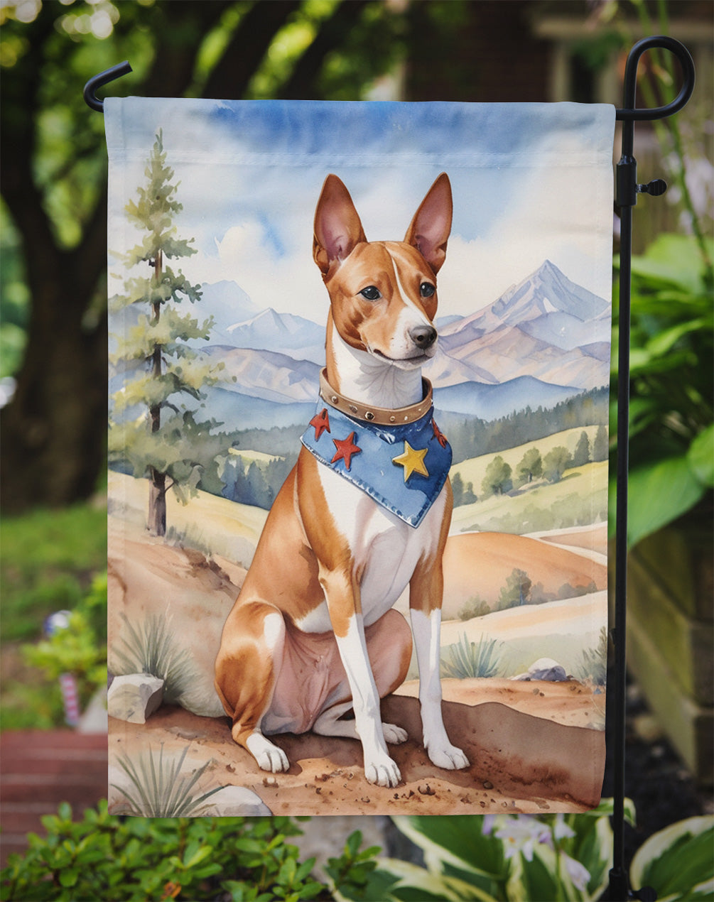 Basenji Cowboy Welcome Garden Flag – Western Dog Yard Decor with Mountain Landscape