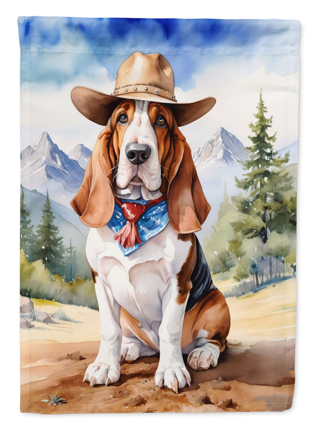 Basset Hound Cowboy Welcome Garden Flag – Western Dog Yard Decor with Mountain Landscape