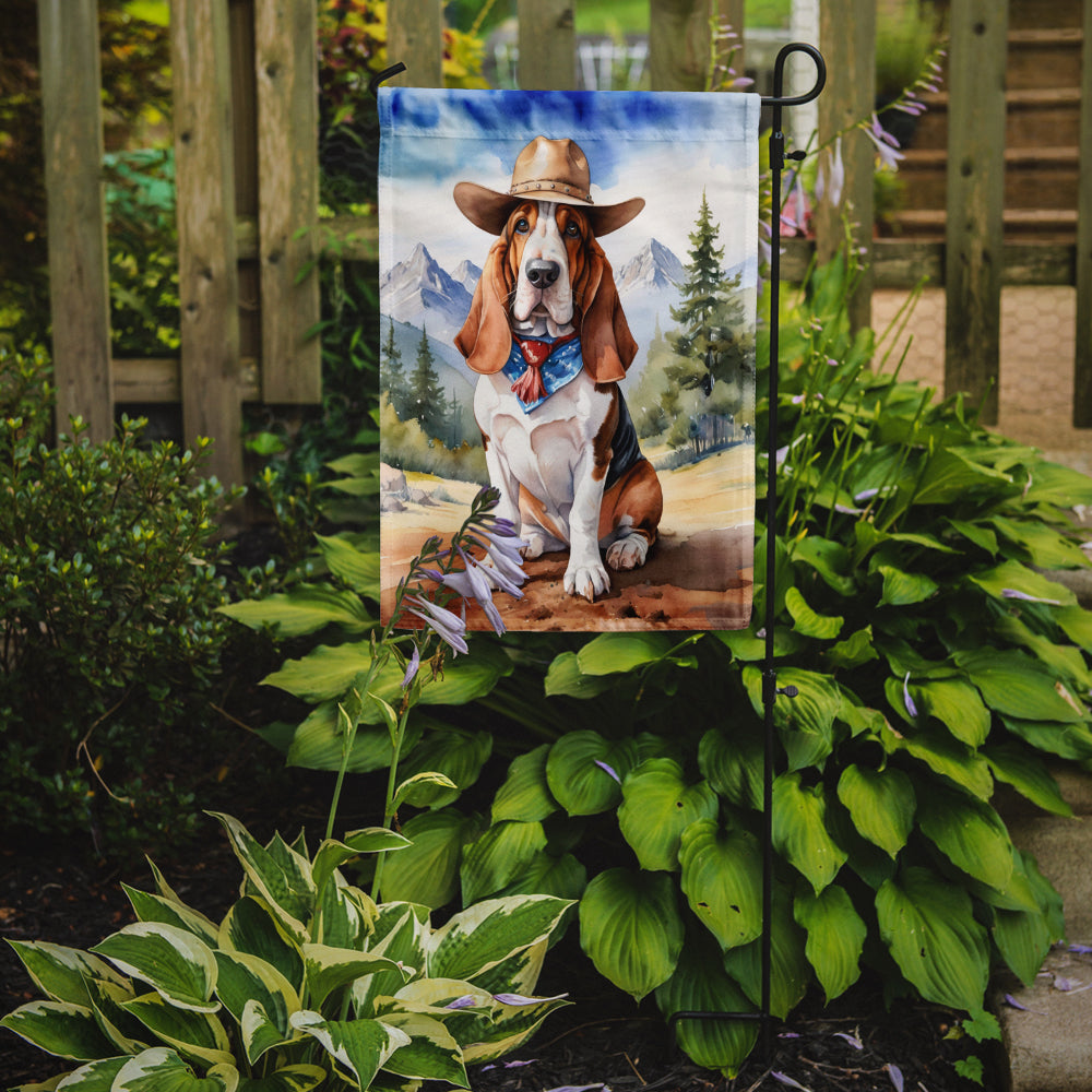 Basset Hound Cowboy Welcome Garden Flag – Western Dog Yard Decor with Mountain Landscape