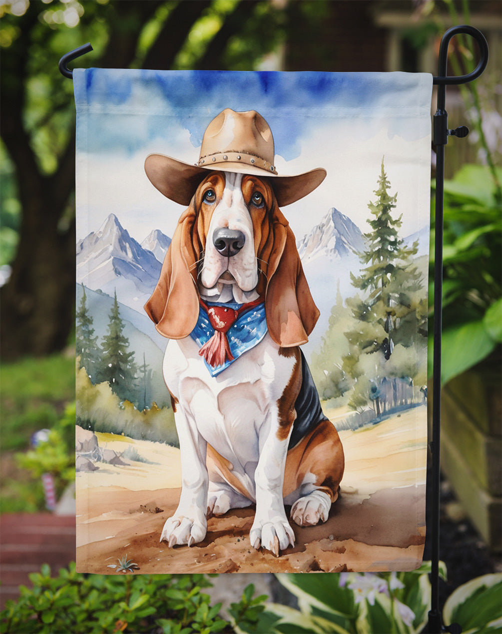 Basset Hound Cowboy Welcome Garden Flag – Western Dog Yard Decor with Mountain Landscape
