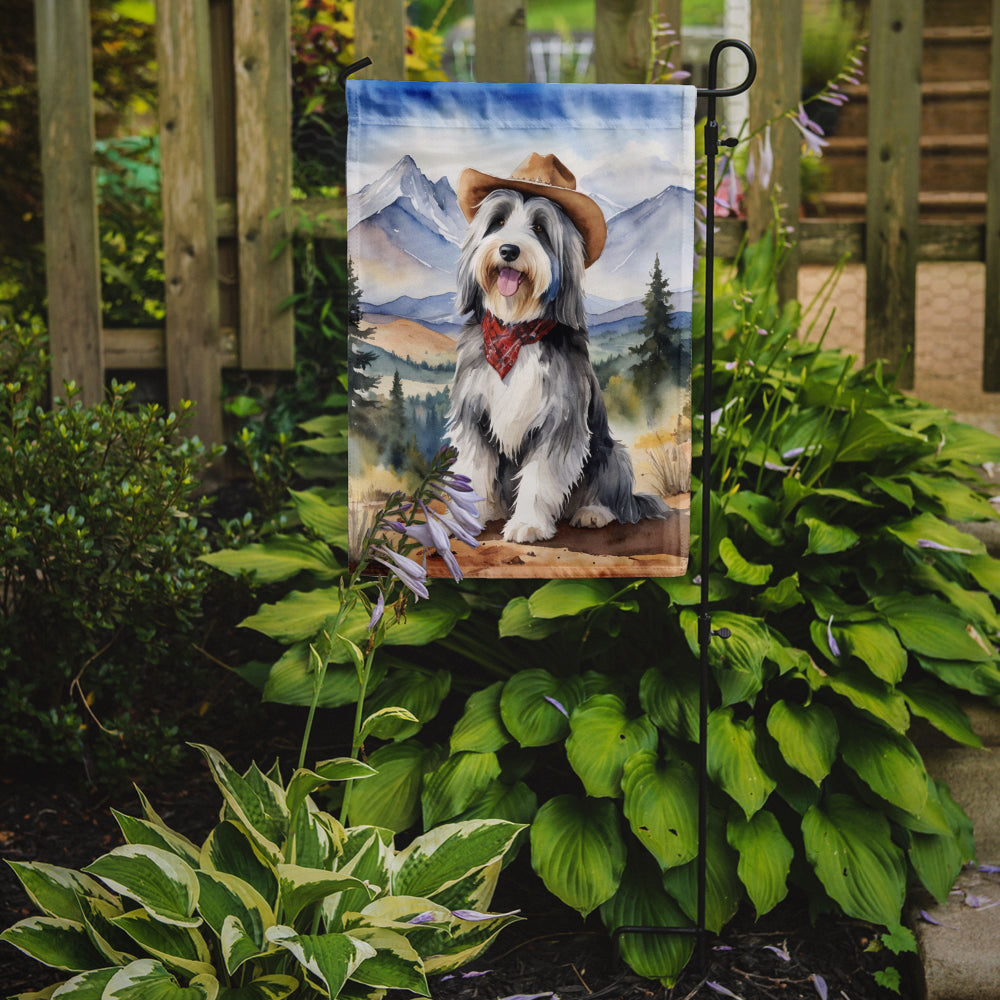 Bearded Collie Cowboy Welcome Garden Flag – Western Dog Yard Decor with Mountain Landscape
