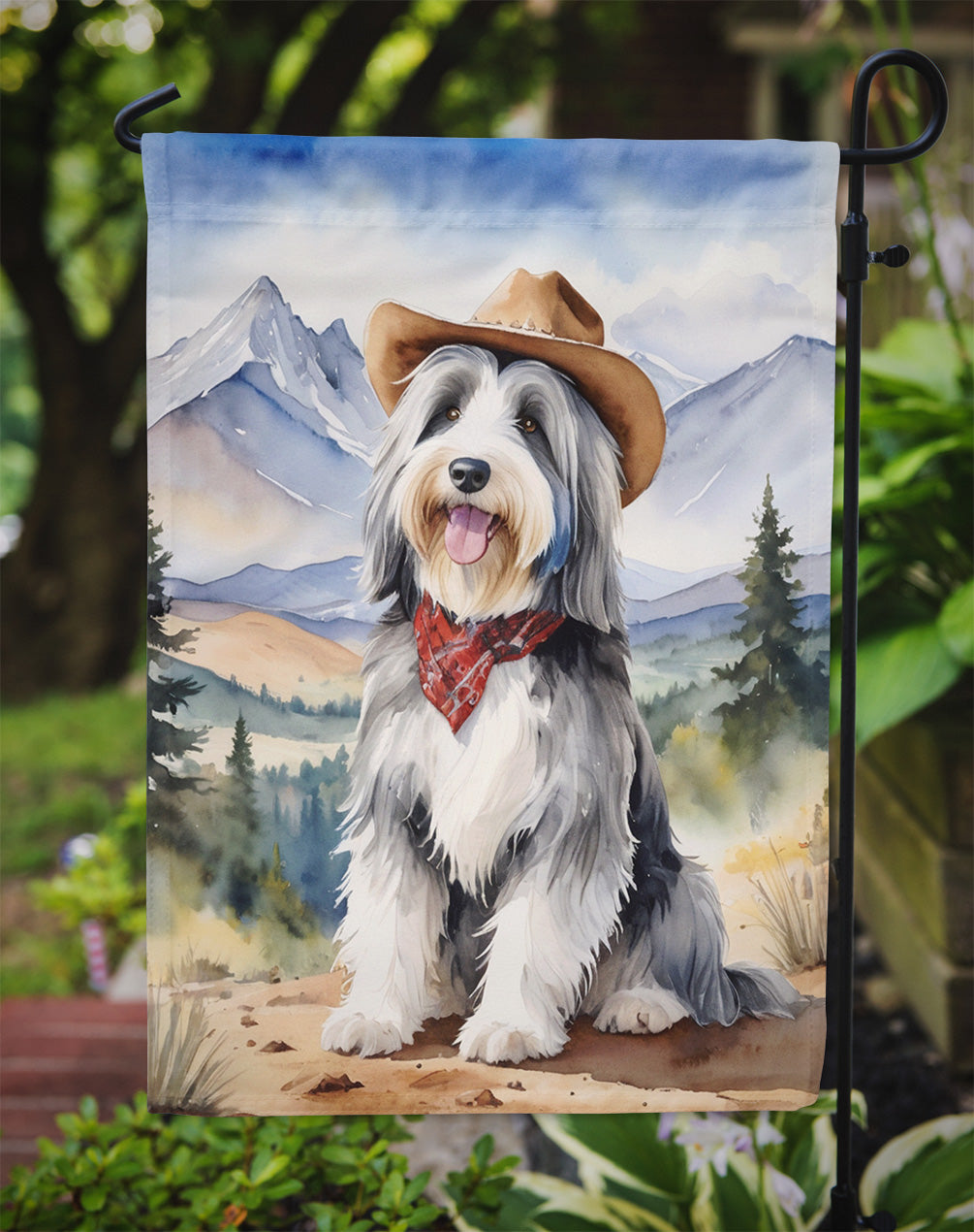 Bearded Collie Cowboy Welcome Garden Flag – Western Dog Yard Decor with Mountain Landscape