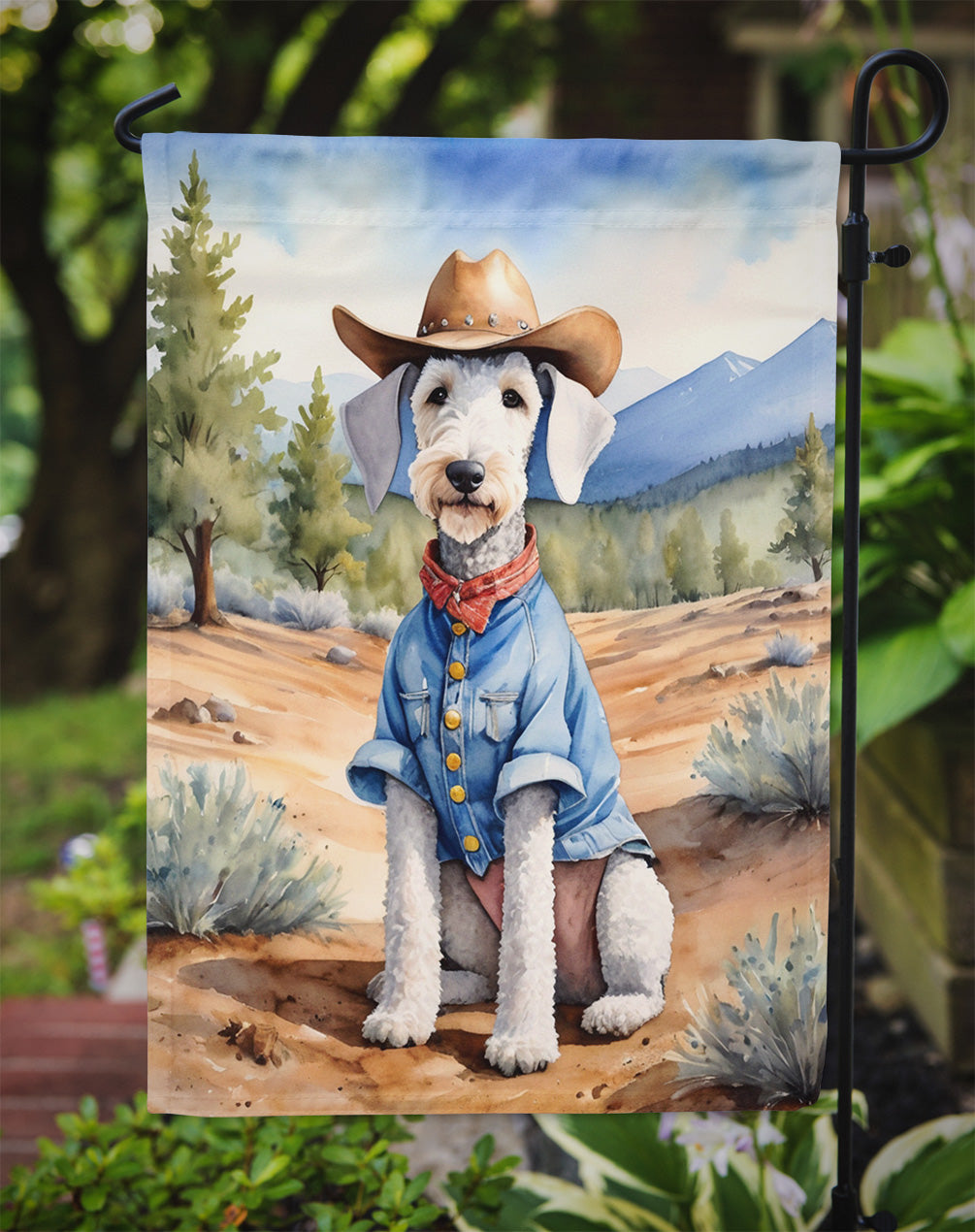 Bedlington Terrier Cowboy Welcome Garden Flag – Western Dog Yard Decor with Mountain Landscape