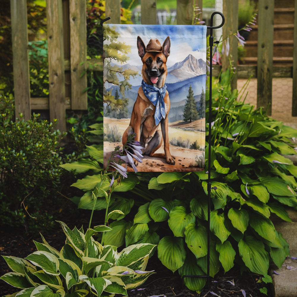 Belgian Malinois Cowboy Welcome Garden Flag – Western Dog Yard Decor with Mountain Landscape