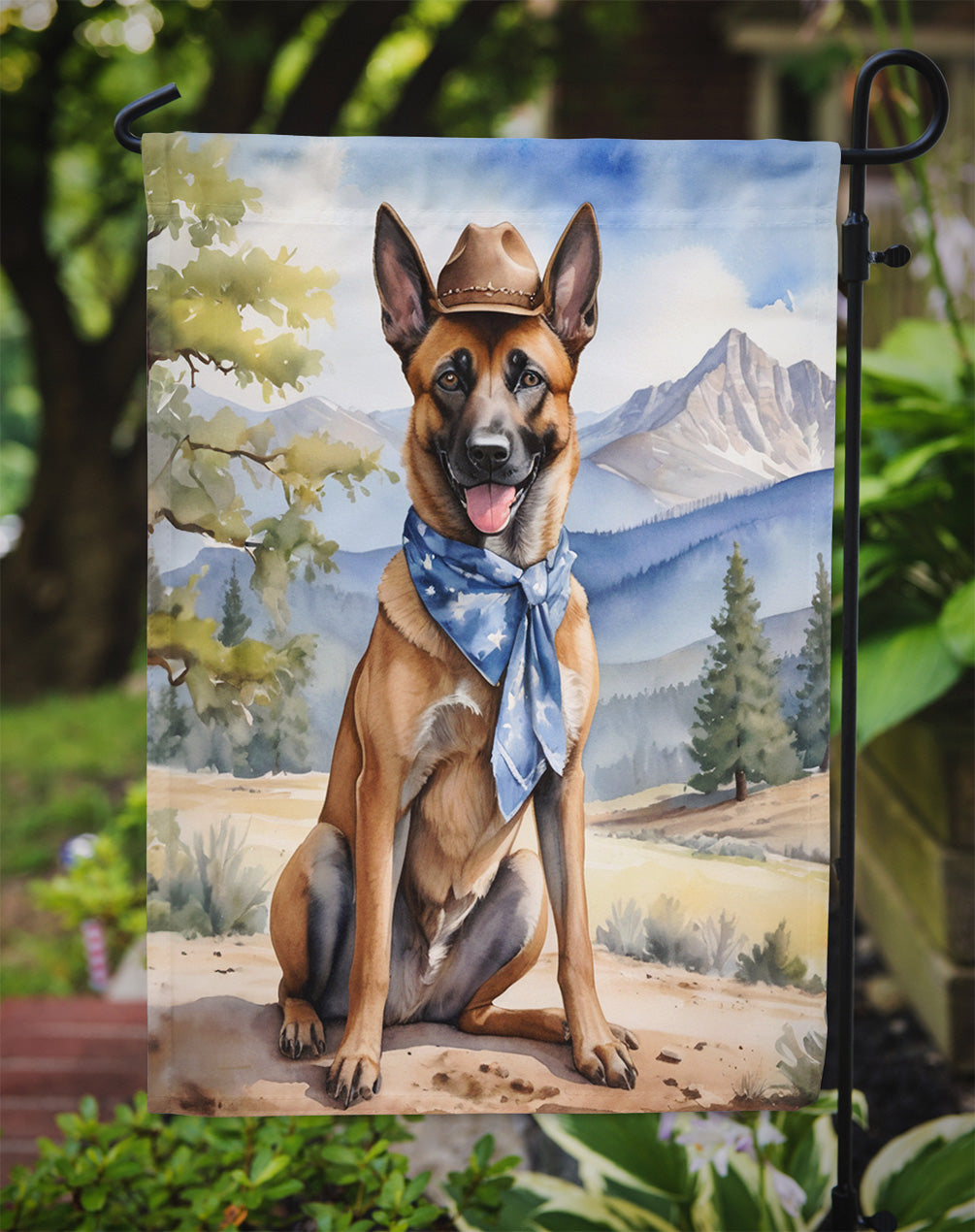 Belgian Malinois Cowboy Welcome Garden Flag – Western Dog Yard Decor with Mountain Landscape