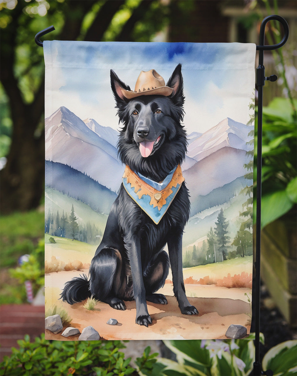 Belgian Sheepdog Cowboy Welcome Garden Flag – Western Dog Yard Decor with Mountain Landscape