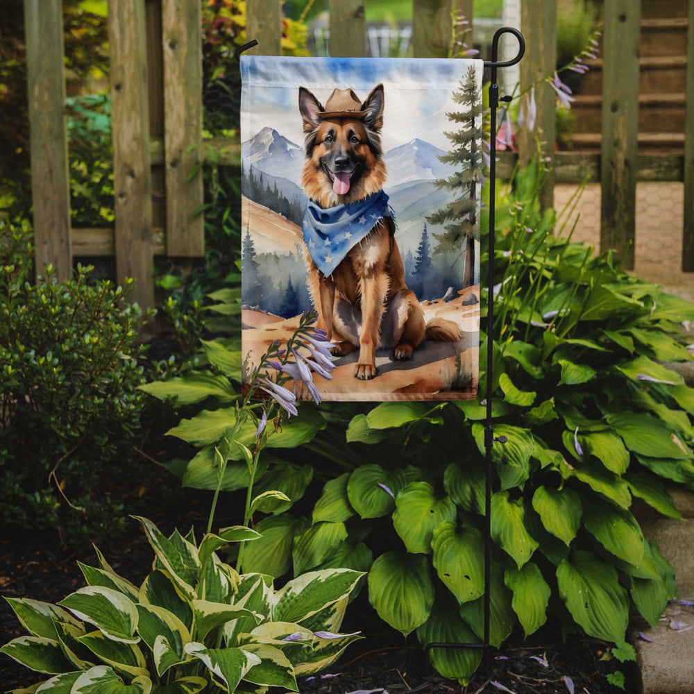 Belgian Tervuren Cowboy Welcome Garden Flag – Western Dog Yard Decor with Mountain Landscape
