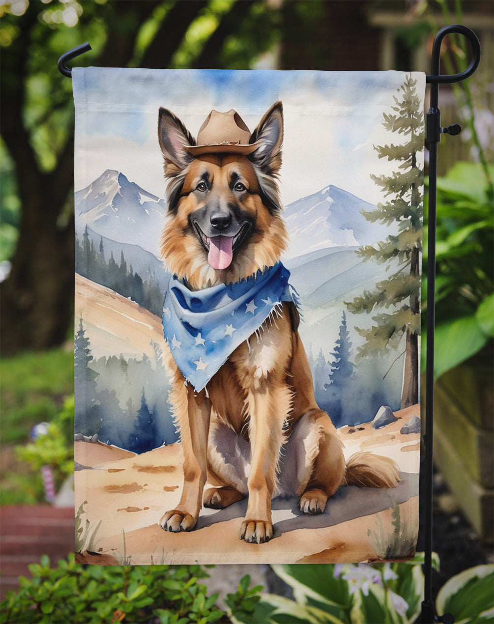 Belgian Tervuren Cowboy Welcome Garden Flag – Western Dog Yard Decor with Mountain Landscape