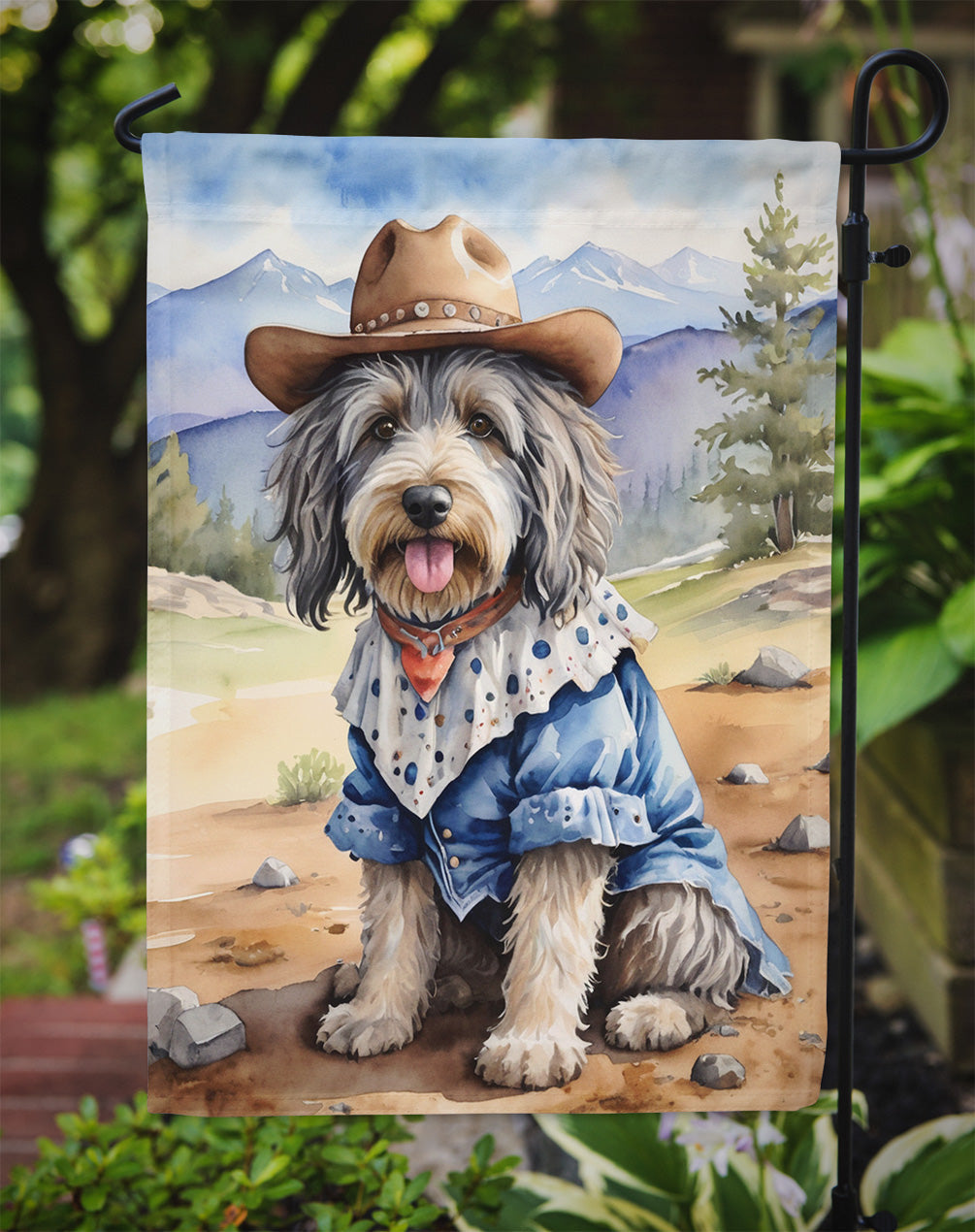 Bergamasco Sheepdog Cowboy Welcome Garden Flag – Western Dog Yard Decor with Mountain Landscape