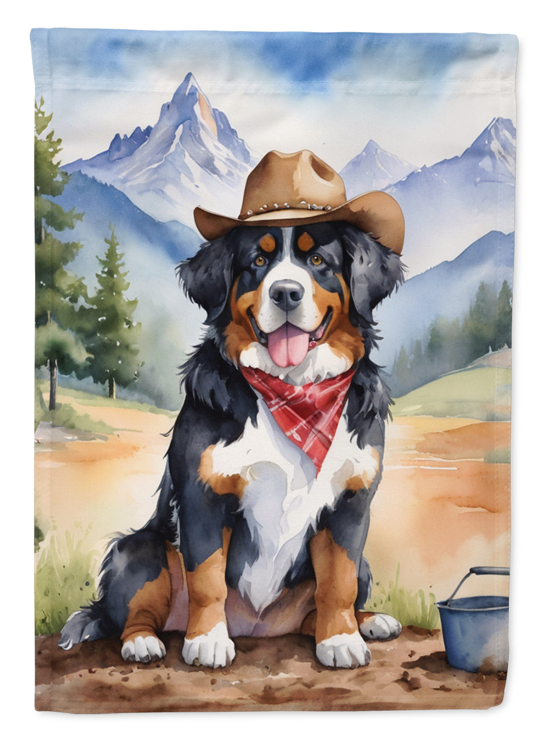 Bernese Mountain Dog Cowboy Welcome Garden Flag – Western Dog Yard Decor with Mountain Landscape