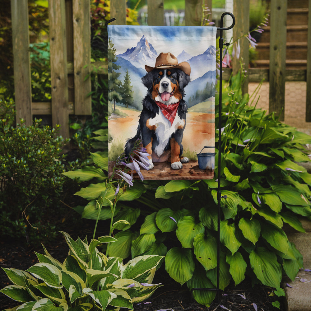 Bernese Mountain Dog Cowboy Welcome Garden Flag – Western Dog Yard Decor with Mountain Landscape