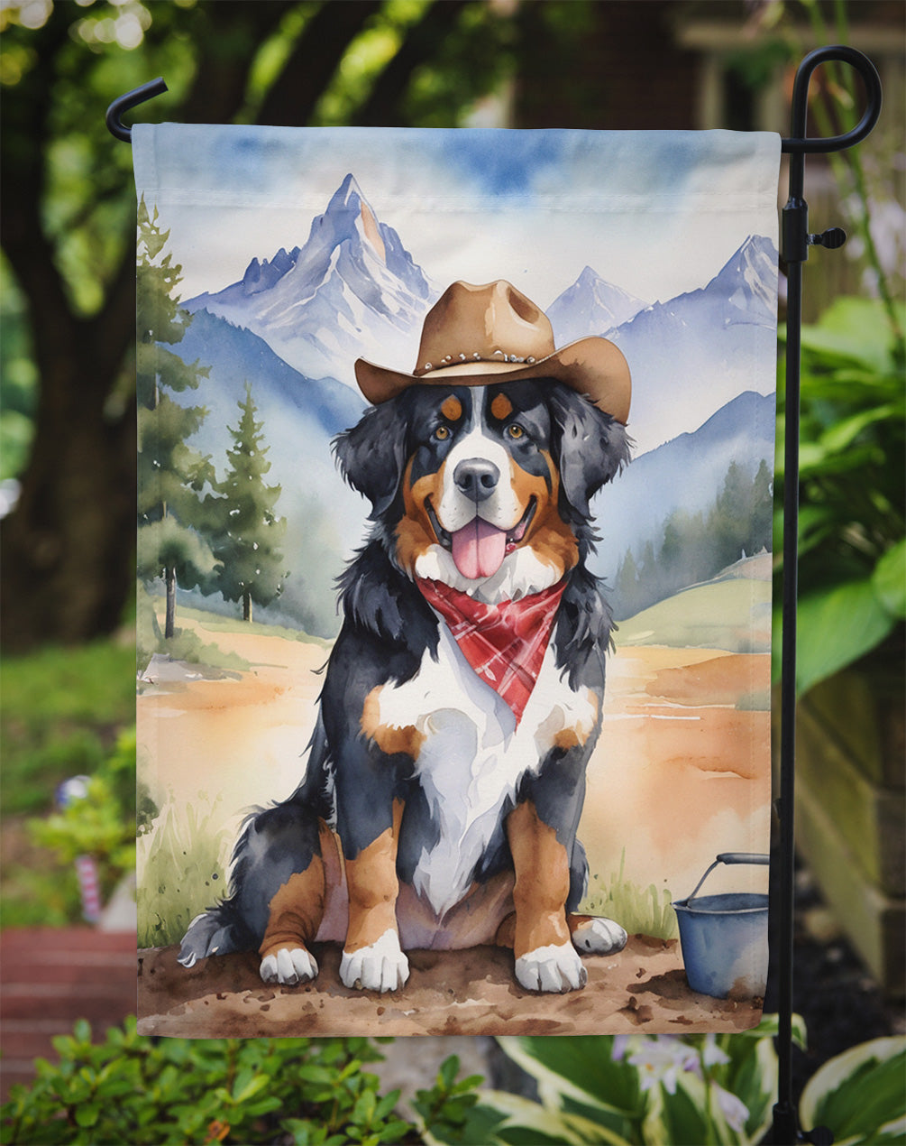 Bernese Mountain Dog Cowboy Welcome Garden Flag – Western Dog Yard Decor with Mountain Landscape