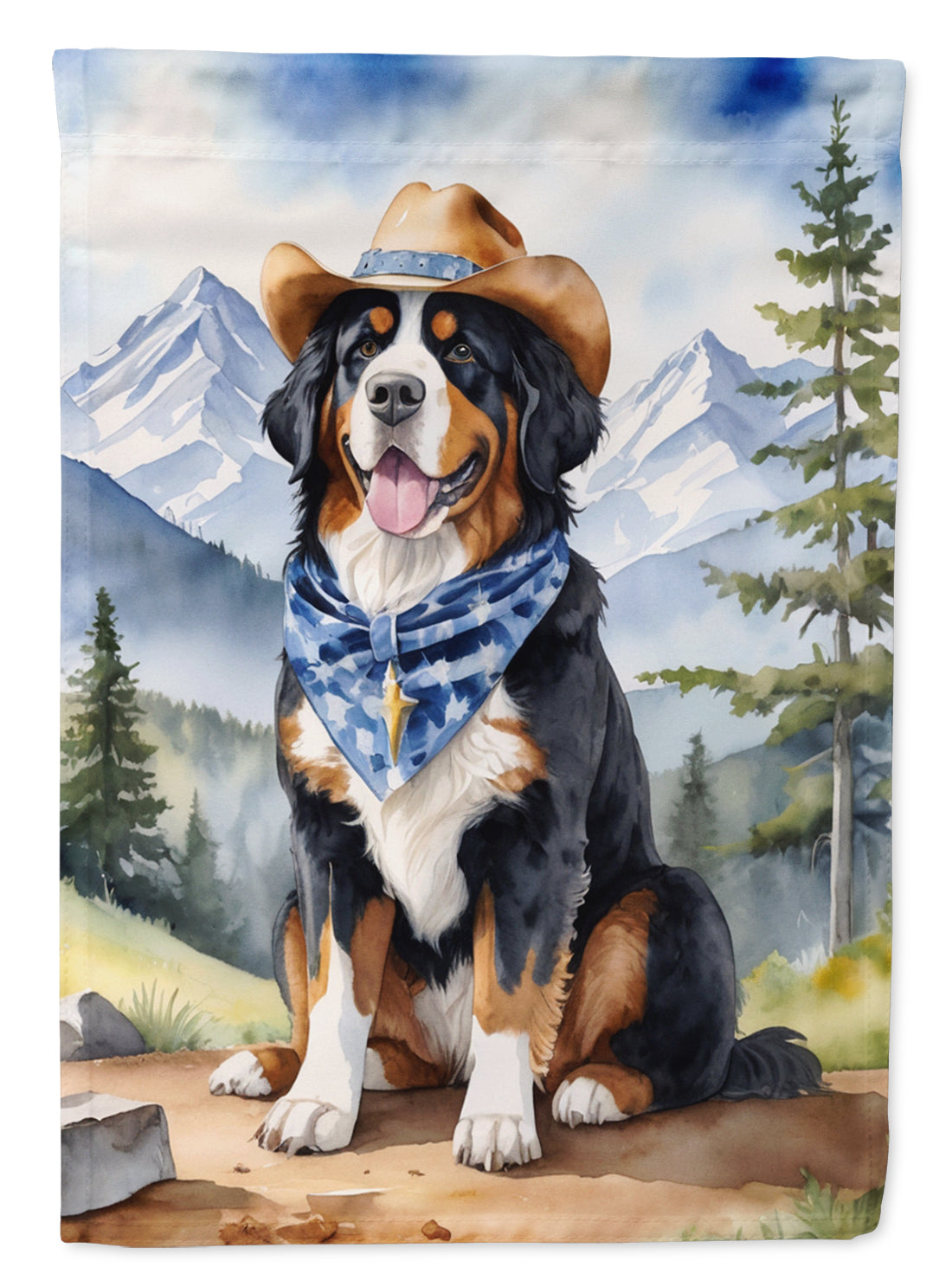 Bernese Mountain Dog Cowboy Welcome Garden Flag – Western Dog Yard Decor with Mountain Landscape