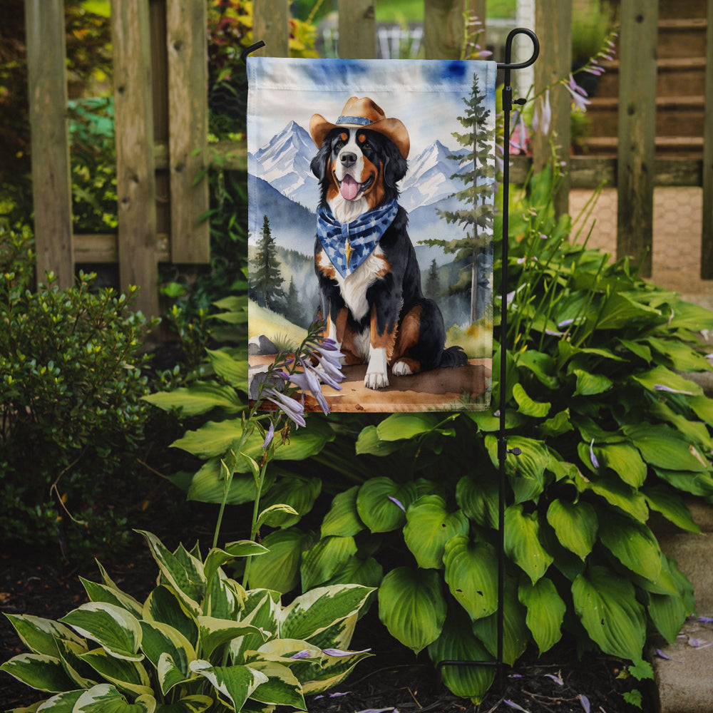 Bernese Mountain Dog Cowboy Welcome Garden Flag – Western Dog Yard Decor with Mountain Landscape