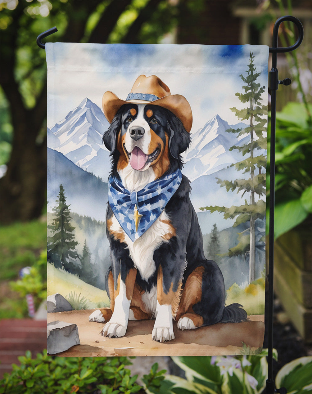 Bernese Mountain Dog Cowboy Welcome Garden Flag – Western Dog Yard Decor with Mountain Landscape