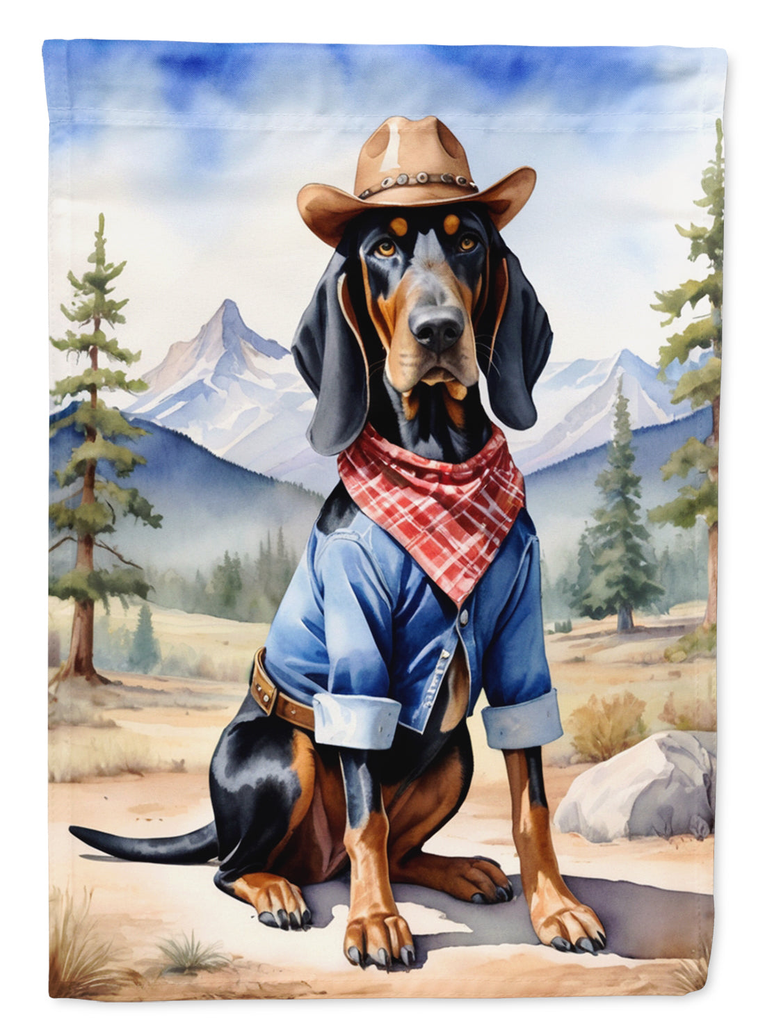 Black and Tan Coonhound Cowboy Welcome Garden Flag – Western Dog Yard Decor with Mountain Landscape
