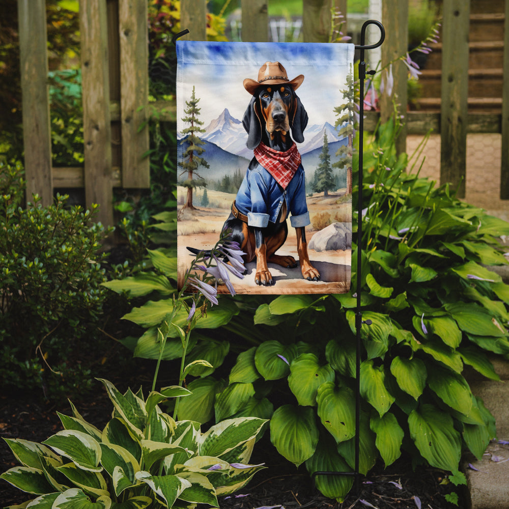 Black and Tan Coonhound Cowboy Welcome Garden Flag – Western Dog Yard Decor with Mountain Landscape