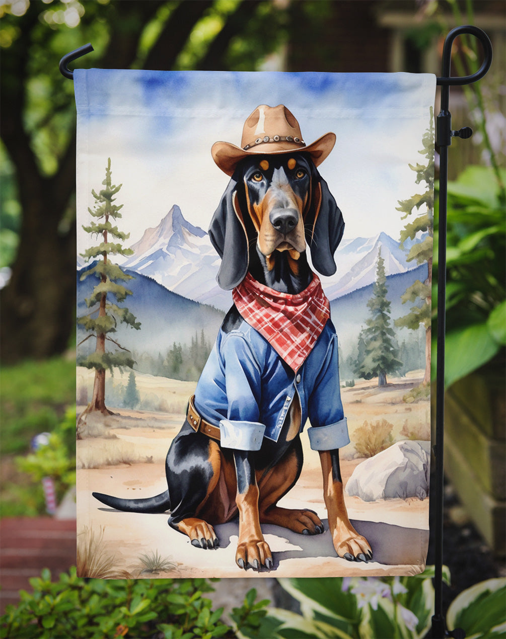 Black and Tan Coonhound Cowboy Welcome Garden Flag – Western Dog Yard Decor with Mountain Landscape
