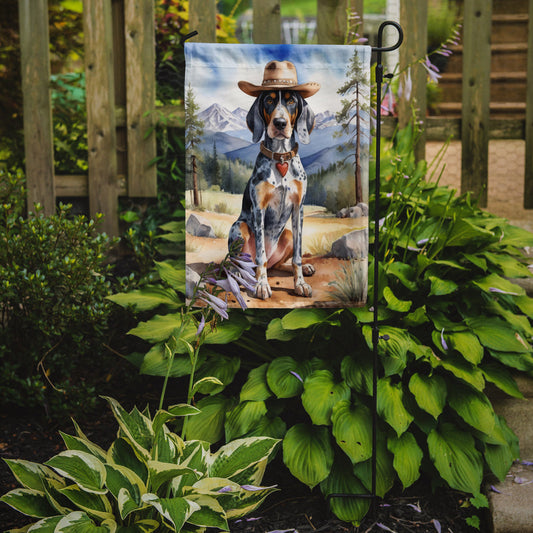 Bluetick Coonhound Cowboy Welcome Garden Flag – Western Dog Yard Decor with Mountain Landscape