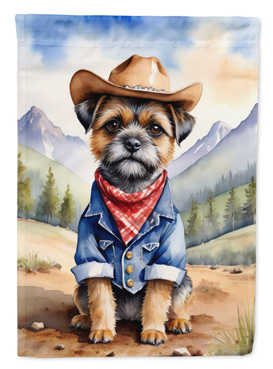 Border Terrier Cowboy Welcome Garden Flag – Western Dog Yard Decor with Mountain Landscape