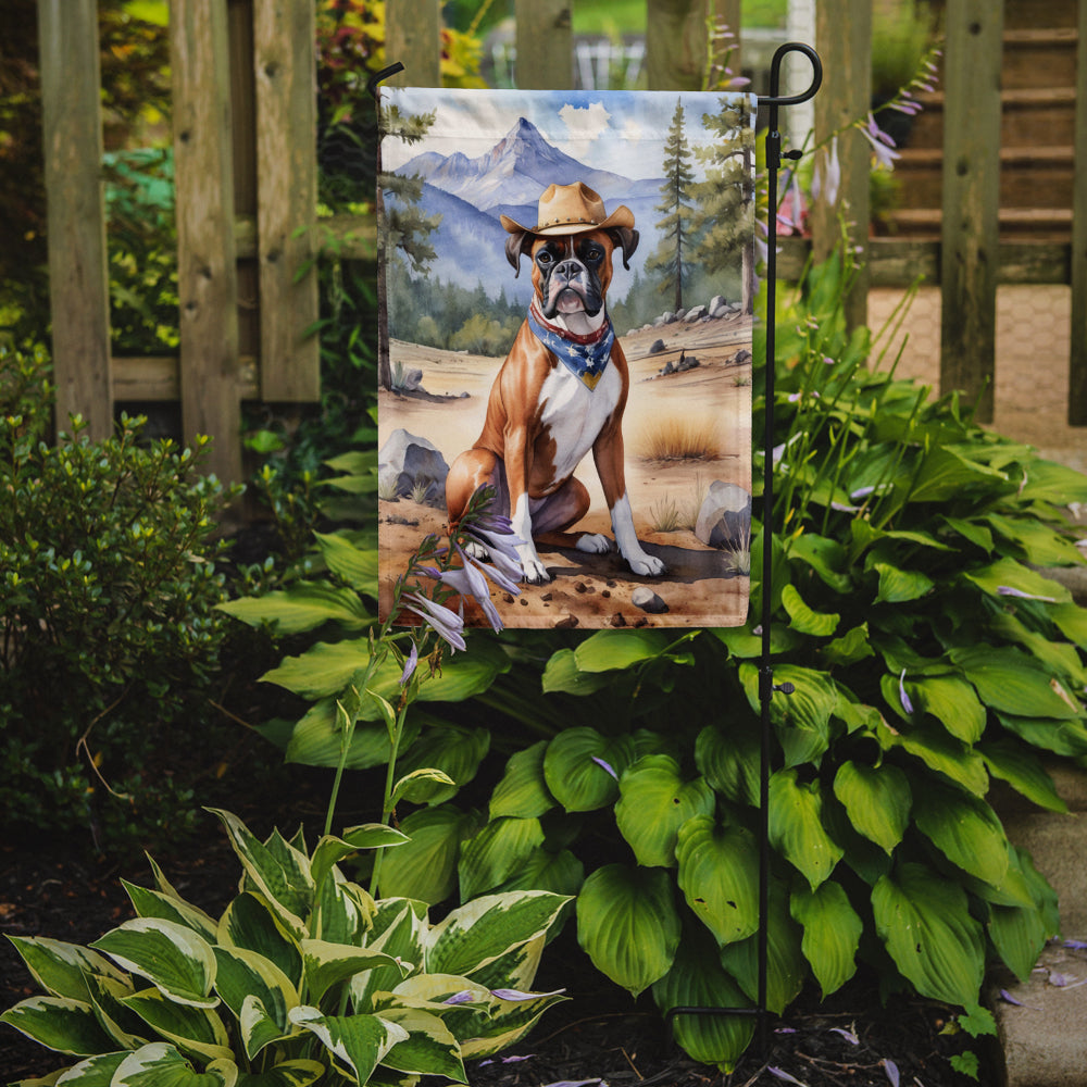 Boxer Cowboy Welcome Garden Flag – Western Dog Yard Decor with Mountain Landscape