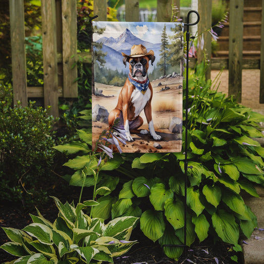 Boxer Cowboy Welcome Garden Flag – Western Dog Yard Decor with Mountain Landscape