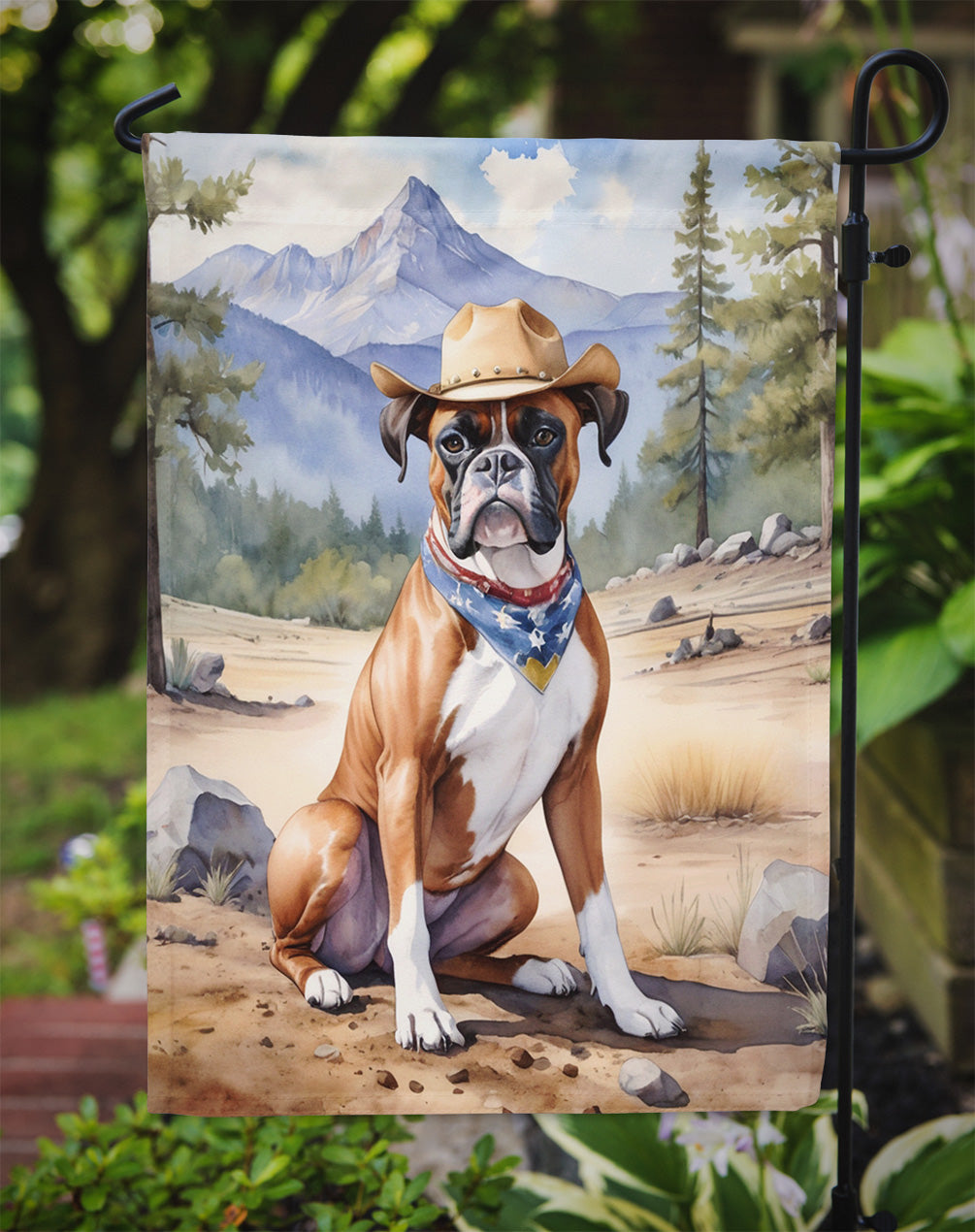 Boxer Cowboy Welcome Garden Flag – Western Dog Yard Decor with Mountain Landscape