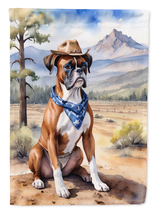 Boxer Cowboy Welcome Garden Flag – Western Dog Yard Decor with Mountain Landscape