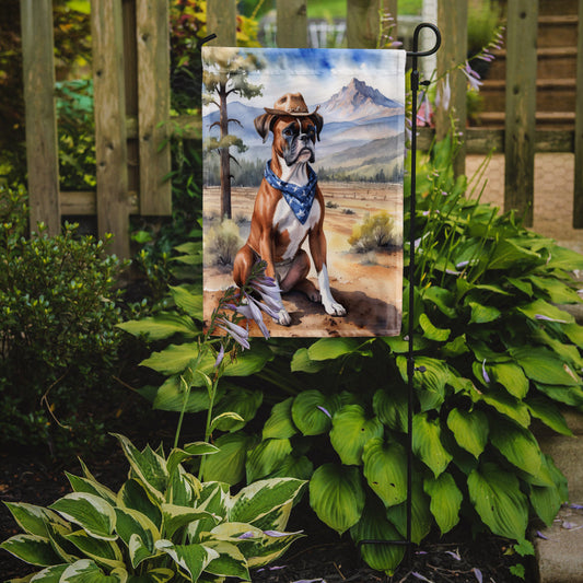 Boxer Cowboy Welcome Garden Flag – Western Dog Yard Decor with Mountain Landscape