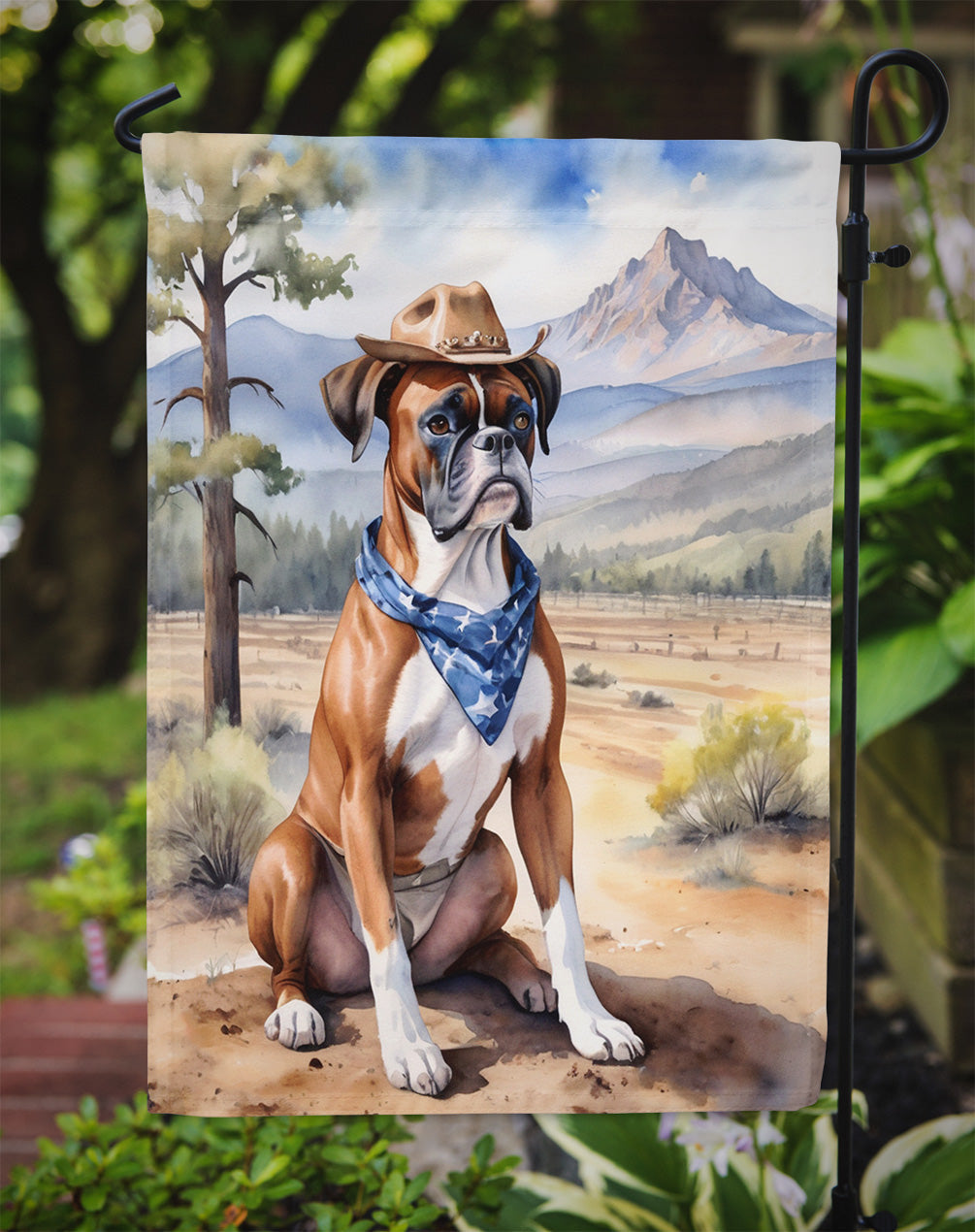 Boxer Cowboy Welcome Garden Flag – Western Dog Yard Decor with Mountain Landscape