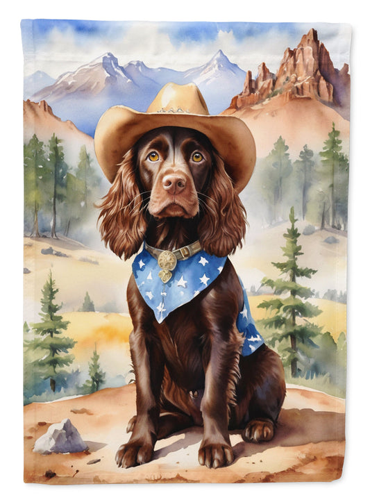 Boykin Spaniel Cowboy Welcome Garden Flag – Western Dog Yard Decor with Mountain Landscape