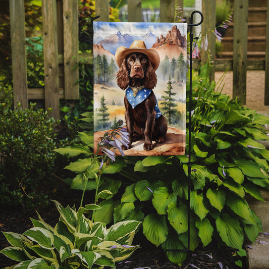 Boykin Spaniel Cowboy Welcome Garden Flag – Western Dog Yard Decor with Mountain Landscape