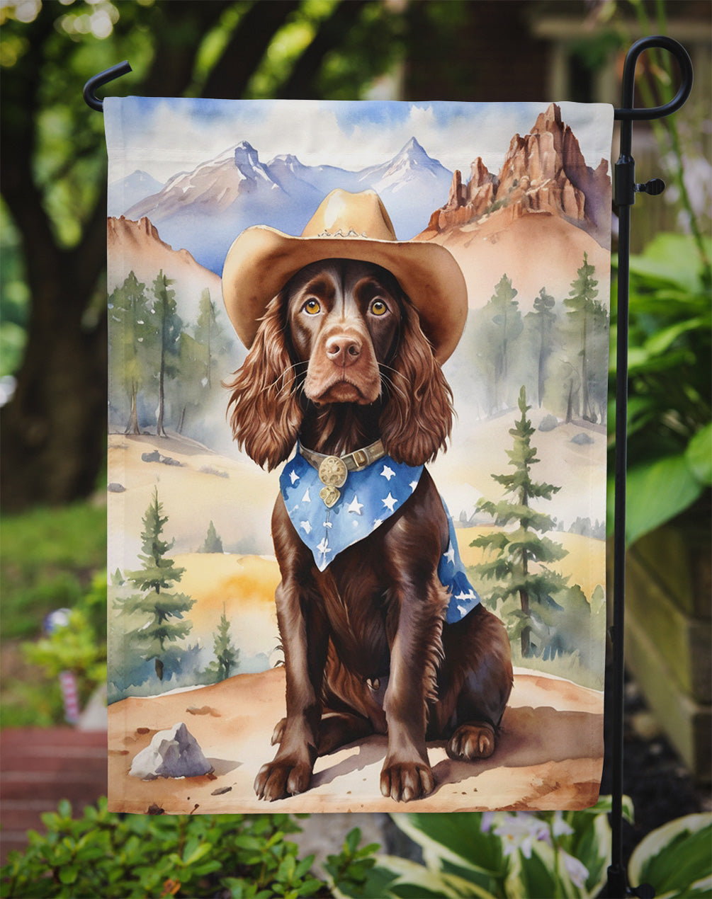 Boykin Spaniel Cowboy Welcome Garden Flag – Western Dog Yard Decor with Mountain Landscape