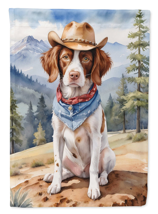 Brittany Spaniel Cowboy Welcome Garden Flag – Western Dog Yard Decor with Mountain Landscape